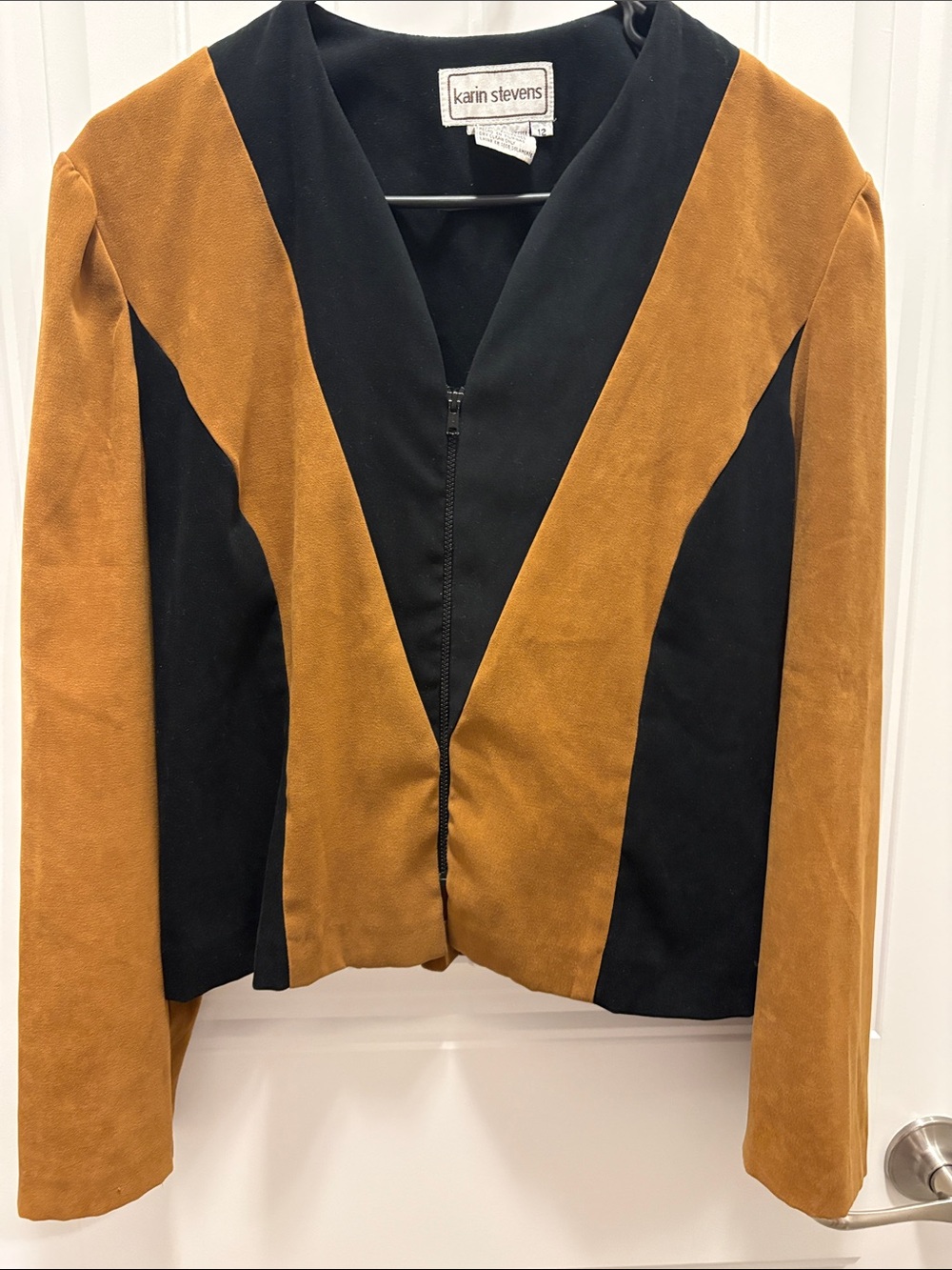 Karin Stevens Size 12 Camel Black Colorblock Zip Jacket 90s Vintage Style